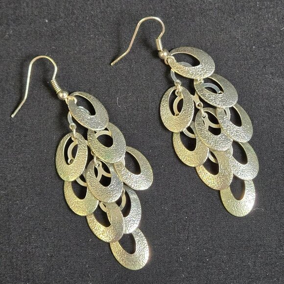 Silver Tone Serpent Scale Dangle Earrings Textured Layered Ovals 3" Lightweight - Picture 2 of 5